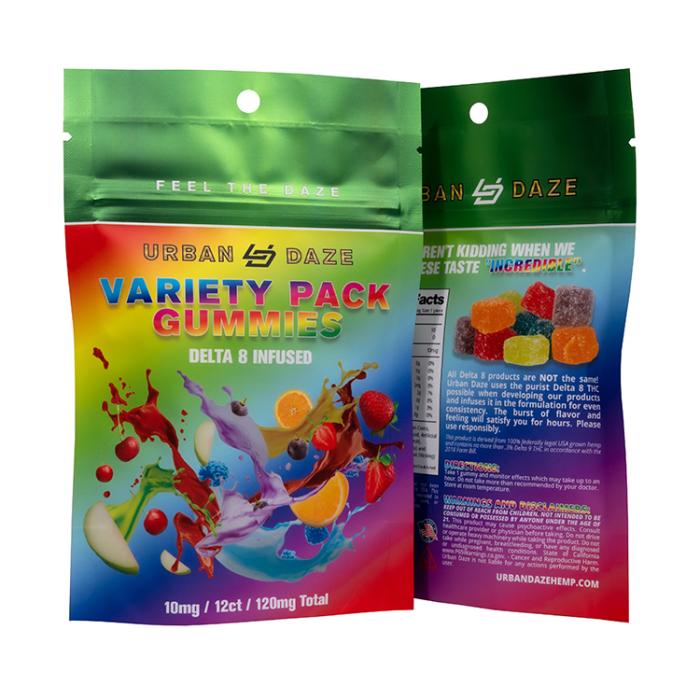 Urban Daze Variety Pack Delta 8 Gummies 10mg 12 count Package Front and Back