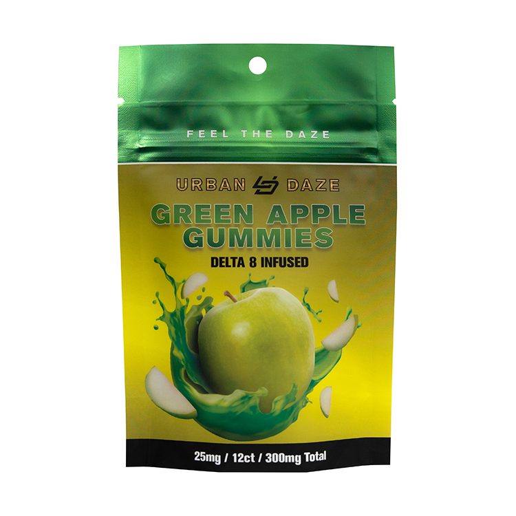 Urban Daze Green Apple Pack Delta 8 Infused Gummies 25mg 12 count Package Front